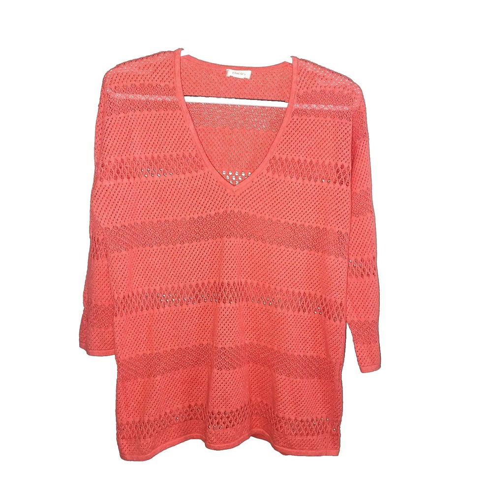CHICO'S Tangerine Loose Knit Layering Indie Maximalist V-Neck Top Size L